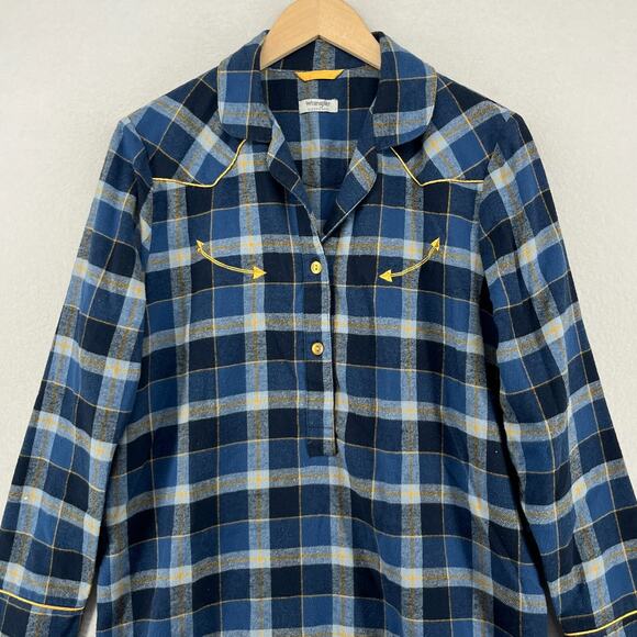 WRANGLER Sleep Shirt Womens M Flannel Nightgown Plaid Shirtdress Mid-length Blue - Picture 5 of 15